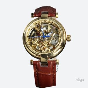 Montre squelette automatique femme en cuir marron