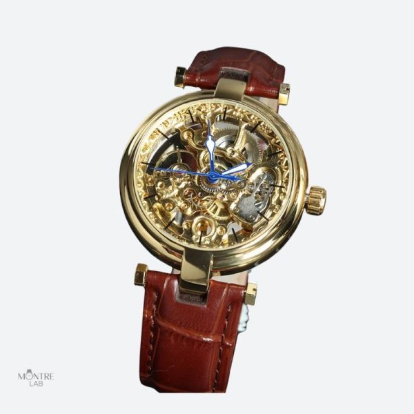 Montre femme squelette en cuir, style automatique raffiné