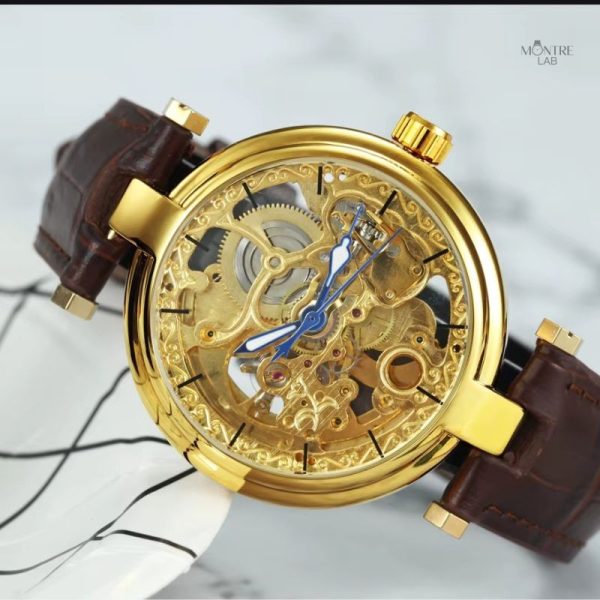 Design classique de montre squelette pour femme en cuir marron