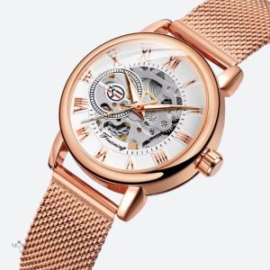 Accessoire féminin : montre squelette en maille milanaise