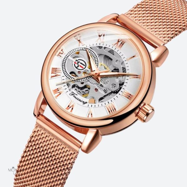 Accessoire féminin : montre squelette en maille milanaise