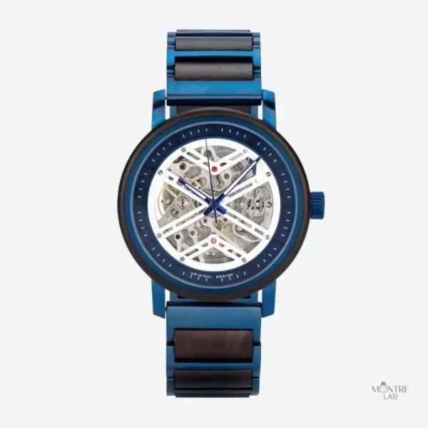 Horloge élégante en acier et bois, mouvement visible