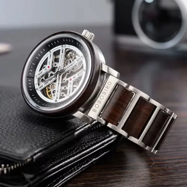 Design raffiné, montre squelette homme en acier et bois