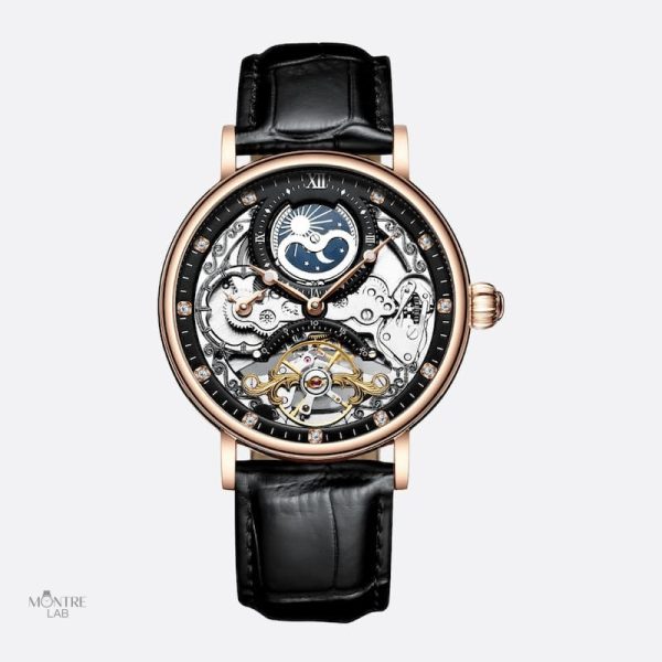 Montre homme squelette avec phase de lune