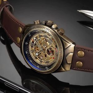 Montre automatique squelette pour homme en bronze