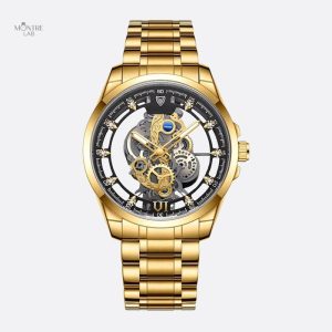 Montre squelette homme en acier doré