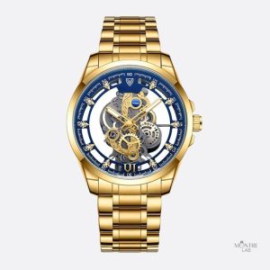 Montre en acier doré avec mécanisme squelette