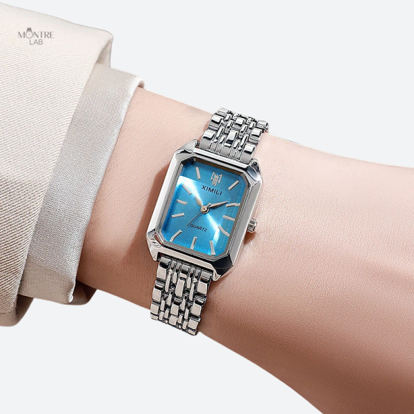 Montre rectangle argentée pour femme au style rétro